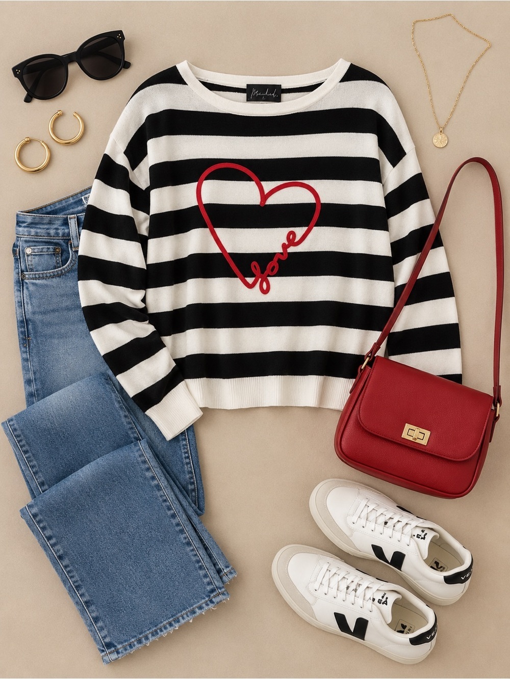 Marled by Reunited Black & White Striped Sweater Red Heart โLoveโ